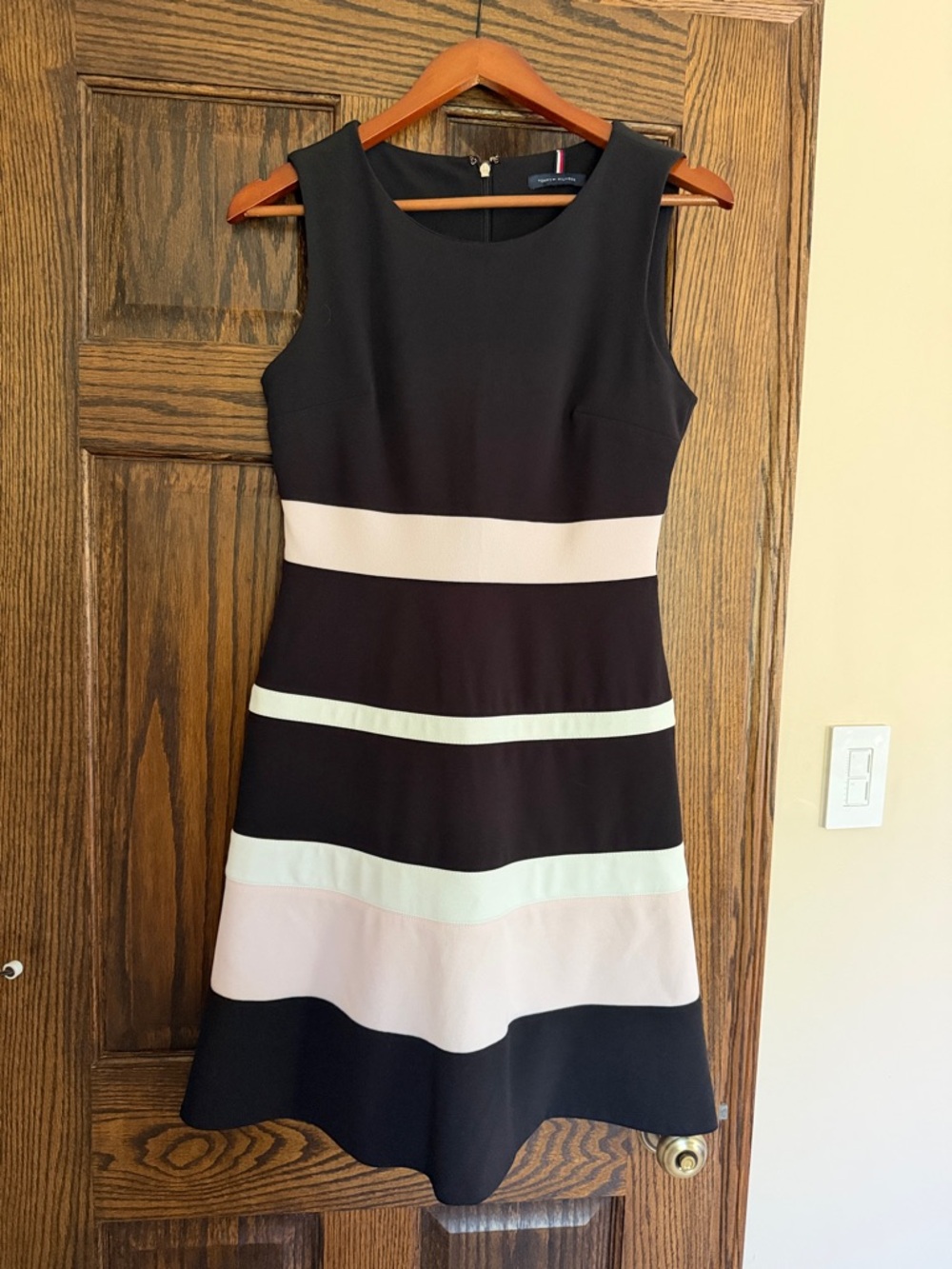 Tommy Hilfiger Sleeveless Black Midi Dress with Blush and White Bands
